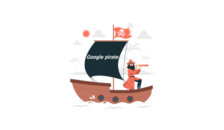 دزد دریایی سوار بر کشتی روی پرچم کشتی نوشته شده google pirate