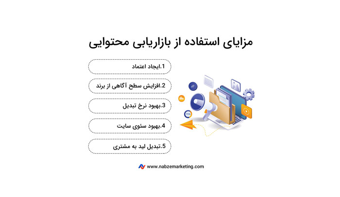 مزایای استفاده از بازاریابی محتواییایجاد اعتماد افزایش سطح آگاهی از برند بهبود نرخ تبدیل بهبود سئو سایت تبدیل لید به مشتری