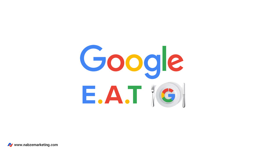 عبارت GOOGLE با رنگ‌های خود گوگل عبارت EAT کارد و چنگال در کنار لوگوی گوگل در بشقاب