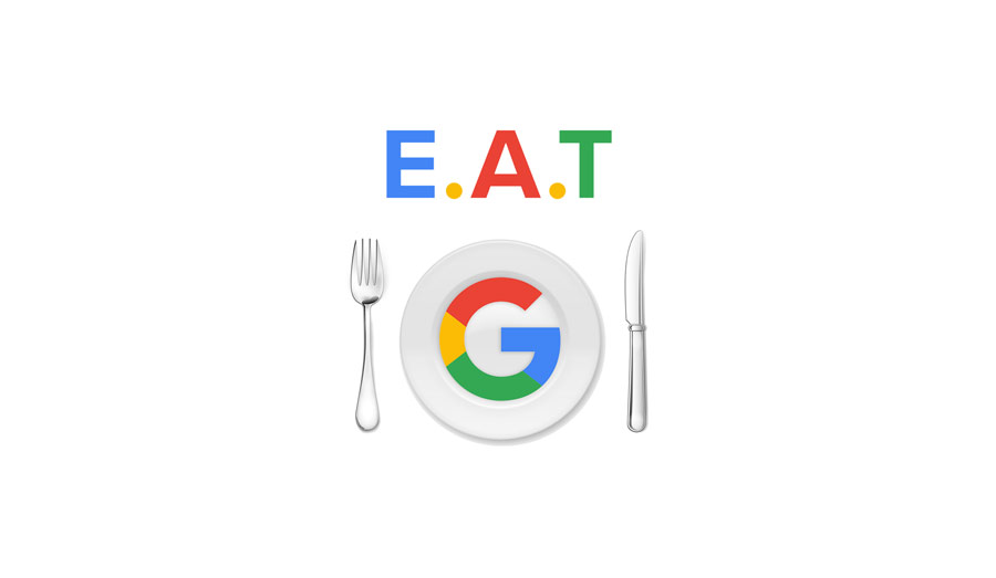 حروف انگلیسی EAT که هم اسم الگوریتم است و هم به معنای خوردن کارد و چنگال و بشقاب با لوگوی گوگل در بشقاب
