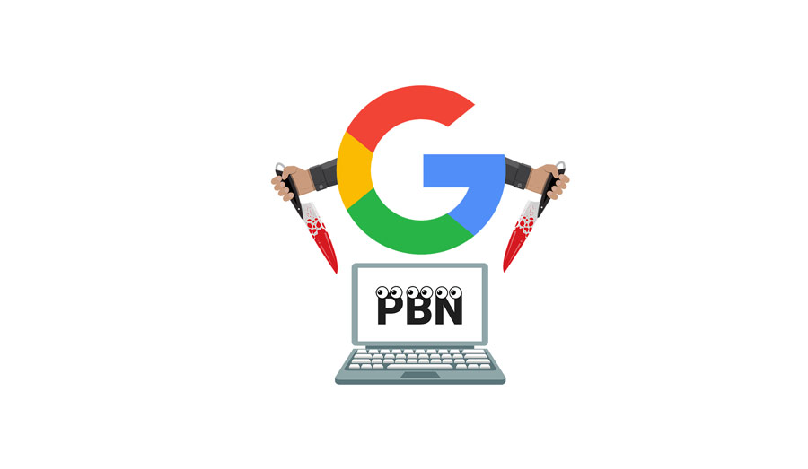 لوگوی گوگل چاقو به دست در حال مبارزه با بک لینک PBN یک لپتاپ با تصویر PBN
